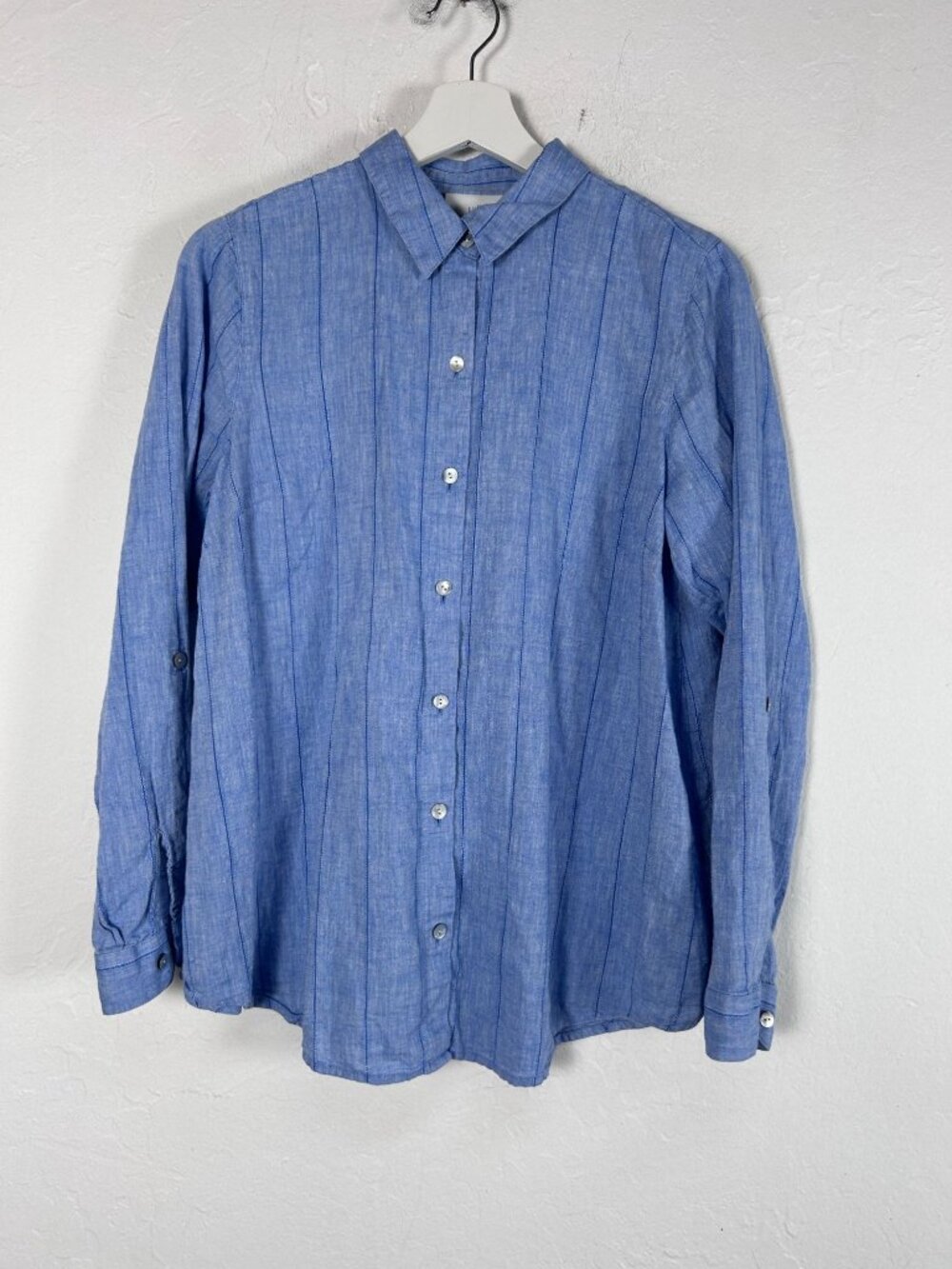 J. Jill Womens Blue Striped Button-Down Shirt Small Linen-Cotton Long Sleeve